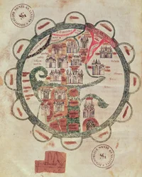 Ms 782 f.374v Világtérkép Jeruzsálemmel a középpontban, a „Chroniques de St. Denis” című műből, kb. 1275